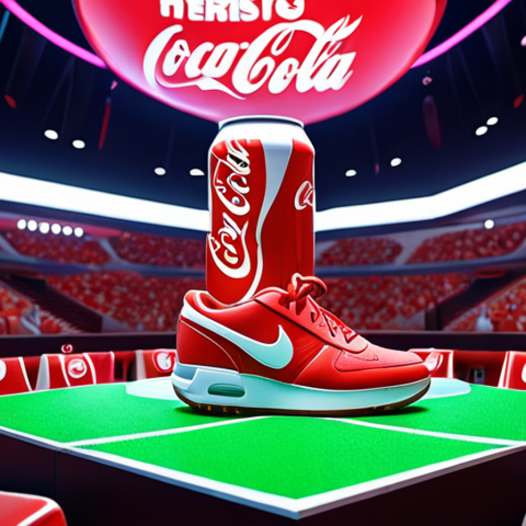 **

Prompt: "Immersive Metaverse E-Sports stadium, cheering fans, virtual Nike sneakers on avatars, Coca-Cola virtual refreshments, vibrant colors, futuristic, dynamic action."

**