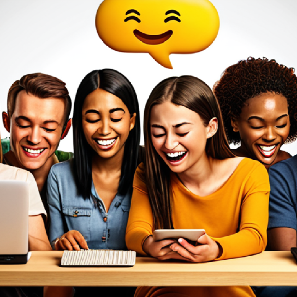 A diverse group of people engaged in an online discussion, some smiling and nodding, others typing thoughtfully. Emojis and speech bubbles convey empathy and understanding. Background shows social media logos fading into each other, symbolizing the impact of online platforms. Warm lighting, digital art style.