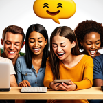 A diverse group of people engaged in an online discussion, some smiling and nodding, others typing thoughtfully. Emojis and speech bubbles convey empathy and understanding. Background shows social media logos fading into each other, symbolizing the impact of online platforms. Warm lighting, digital art style.