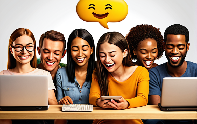 A diverse group of people engaged in an online discussion, some smiling and nodding, others typing thoughtfully. Emojis and speech bubbles convey empathy and understanding. Background shows social media logos fading into each other, symbolizing the impact of online platforms. Warm lighting, digital art style.