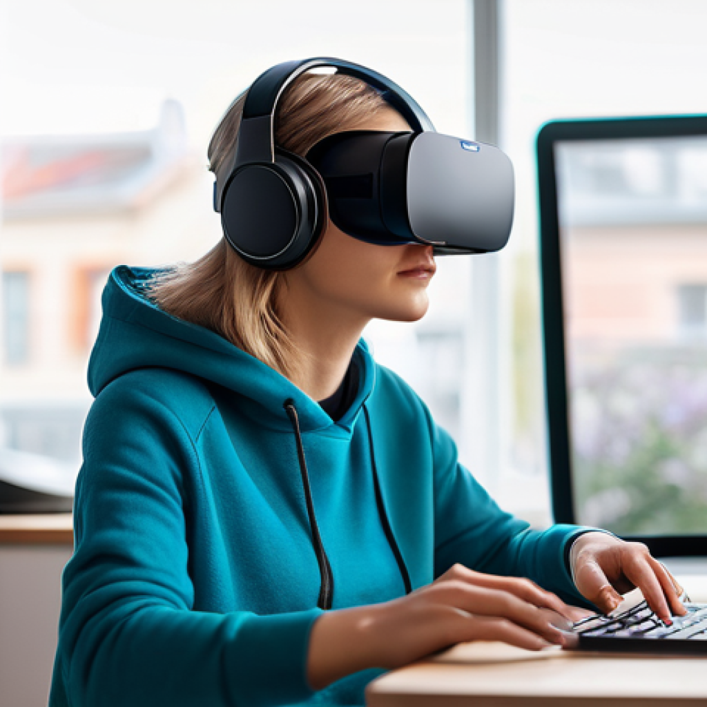 가상 현실에서 콘텐츠 제작과 커뮤니티 참여 - **Prompt:** "A young, focused content creator, wearing comfortable yet stylish casual attire (a hood...