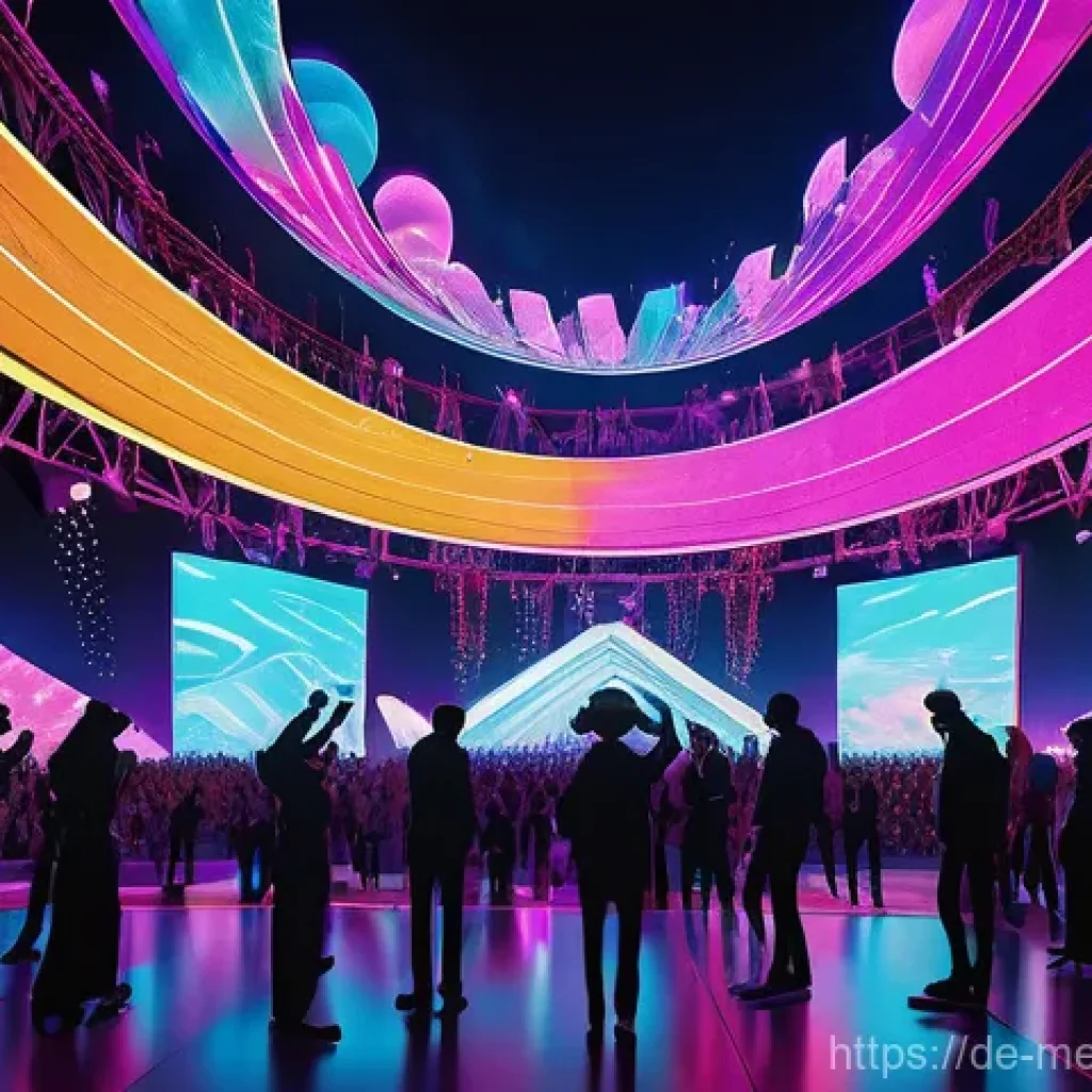 메타버스 커뮤니티 성공 사례 - **Vibrant Metaverse Music Festival:** A dynamic and colorful scene depicting a diverse group of avat...