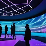 메타버스에서의 이벤트 기획과 실행 - **Prompt:** A vibrant, futuristic metaverse event scene in a grand, multi-tiered virtual auditorium....