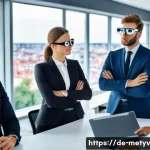 Home 21 메타버스 내 협업 플랫폼 활용 전략 - A modern German office environment with diverse employees using advanced Metaverse technology for co...