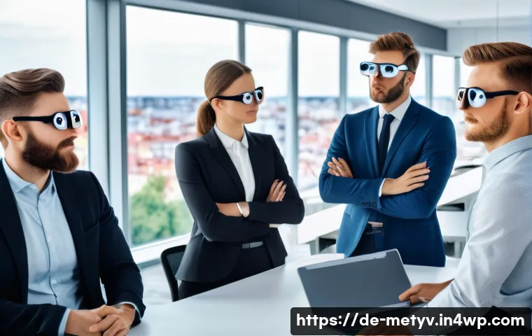 메타버스 내 협업 플랫폼 활용 전략 - A modern German office environment with diverse employees using advanced Metaverse technology for co...