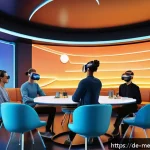 Home 19 메타버스의 소셜 기능 활용하기 - A vibrant virtual reality meeting space inside the Metaverse, showing diverse avatars interacting in...