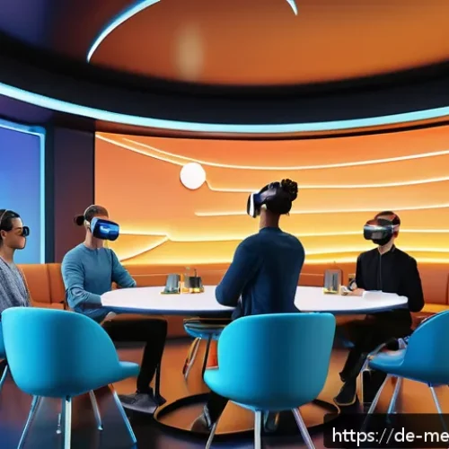 Home 31 메타버스의 소셜 기능 활용하기 - A vibrant virtual reality meeting space inside the Metaverse, showing diverse avatars interacting in...