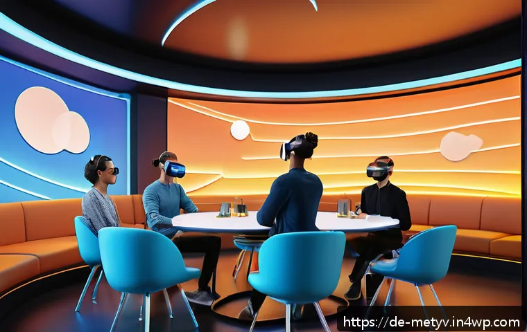 메타버스의 소셜 기능 활용하기 - A vibrant virtual reality meeting space inside the Metaverse, showing diverse avatars interacting in...