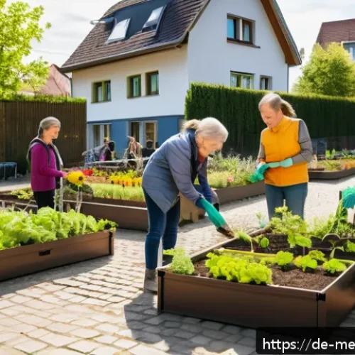 Home 30 커뮤니티 활동으로서의 자원봉사 경험 - A vibrant neighborhood community garden scene in a German urban setting during spring, featuring div...