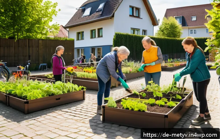 커뮤니티 활동으로서의 자원봉사 경험 - A vibrant neighborhood community garden scene in a German urban setting during spring, featuring div...