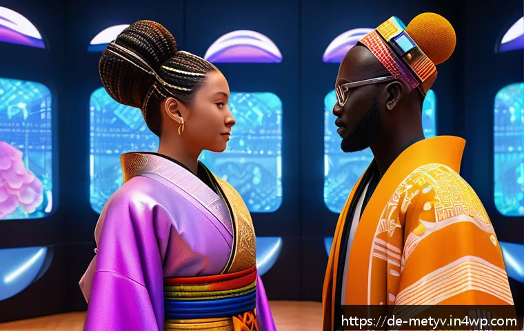 메타버스에서의 문화적 다양성 인식 - A vibrant digital marketplace inside the metaverse, showcasing avatars from diverse cultural backgro...