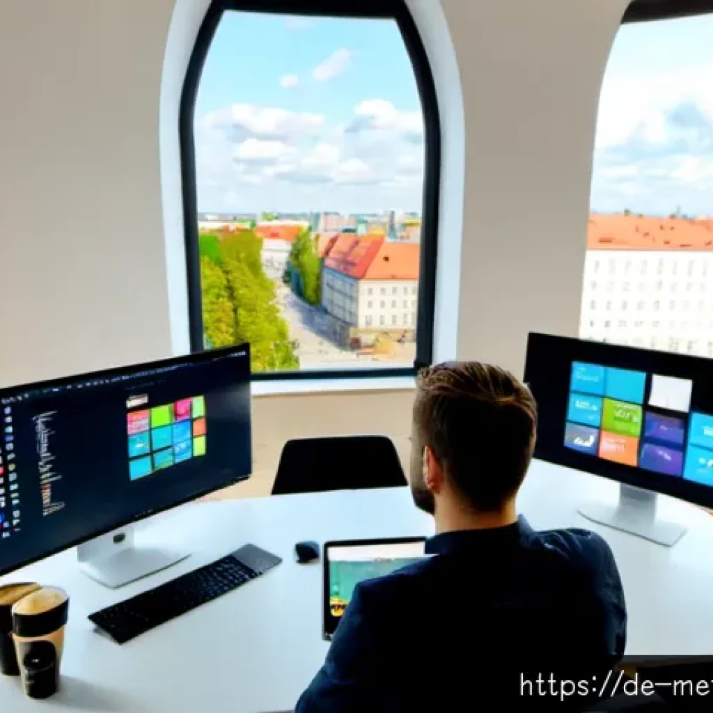 다양한 메타버스 플랫폼 비교 - Photorealistic modern Berlin coworking studio, three adult professionals comparing several metaverse...