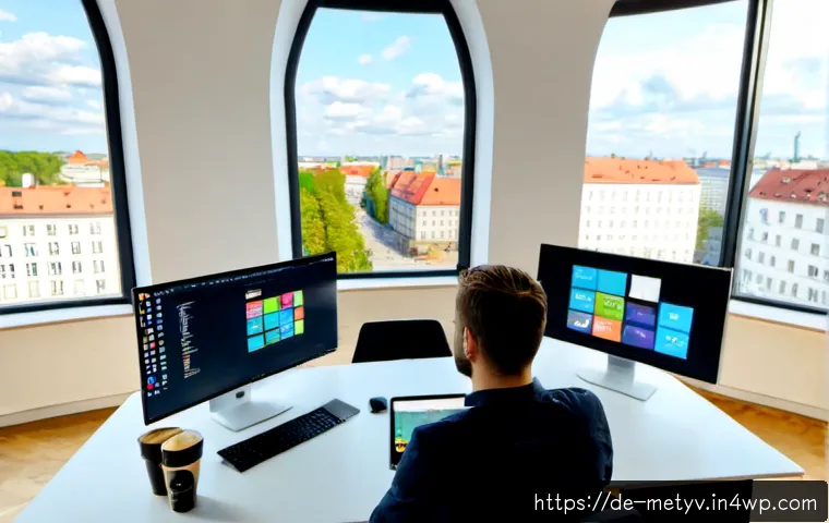 다양한 메타버스 플랫폼 비교 - Photorealistic modern Berlin coworking studio, three adult professionals comparing several metaverse...