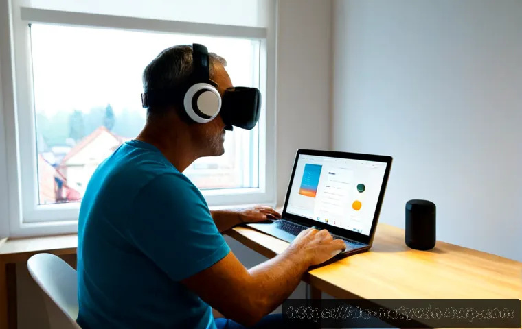 Home 17 메타버스 커뮤니티에 참여하기 위한 준비 사항 - Photorealistic home workspace in Germany, a friendly middle-aged adult preparing to join a virtual c...